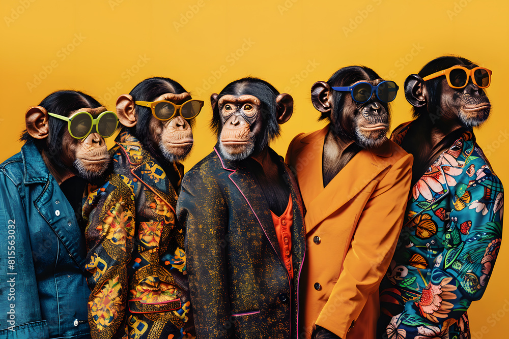 Stylish chimpanzees in sunglasses against yellow background