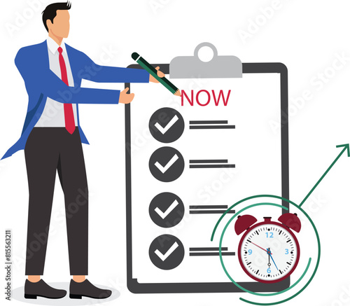 Stop procrastination illustration with businessman carrying a pencil writes the word now on the alarm as a reminder, do the work immediately concept, Overcome Procrastination