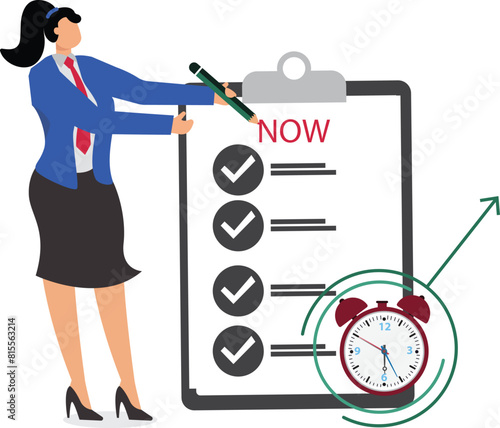 Stop procrastination illustration with businesswoman carrying a pencil writes the word now on the alarm as a reminder, do the work immediately concept, Overcome Procrastination