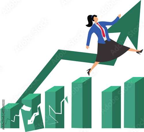 Overcoming obstacles to achieving success, businesswoman crosses a bridge that will collapse to achieve business goals or career success, overcoming problems in business, strategy to get out of troubl