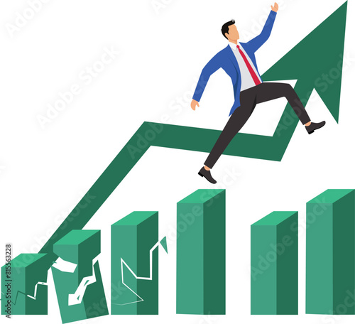 Overcoming obstacles to achieving success, businessman crosses a bridge that will collapse to achieve business goals or career success, overcoming problems in business, strategy to get out of trouble