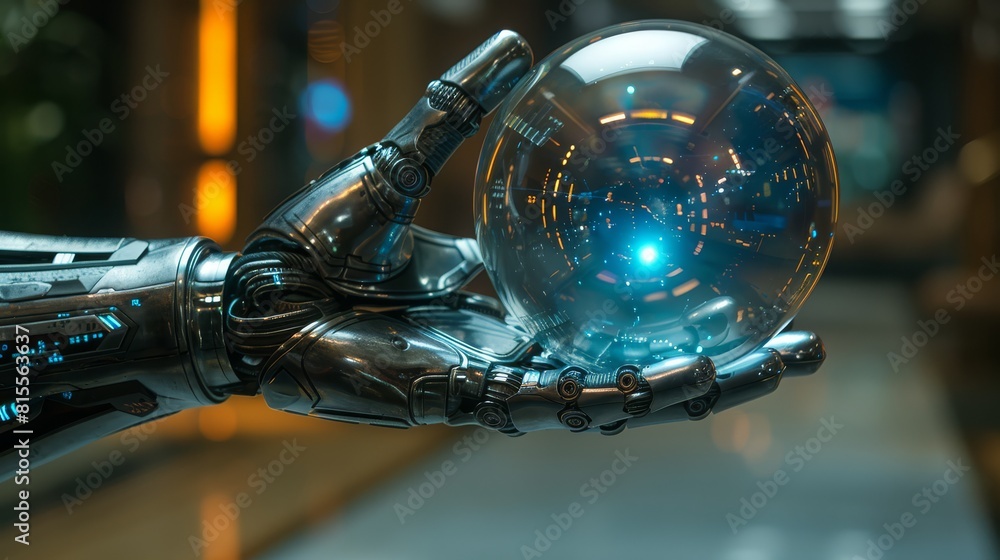 Robot hand holding a transparent round object, artificial intelligence Robot hand holding a transparent round object, artificial intelligence