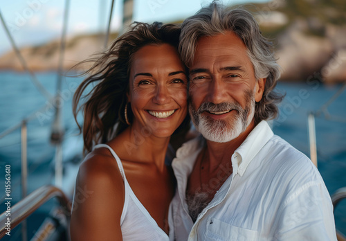 An older couple smiles as they navigate a sailboat, enjoying the sea breeze and sunshine