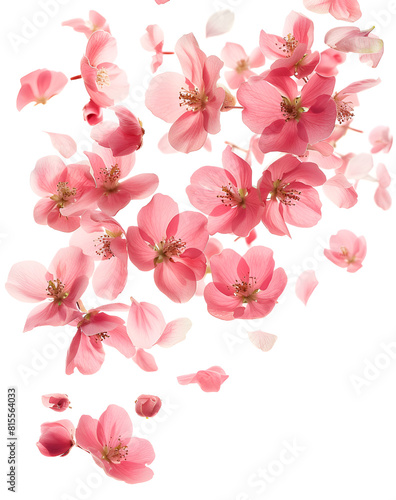 Fresh quince blossom  beautiful pink flowers falling in the air isolated on white background