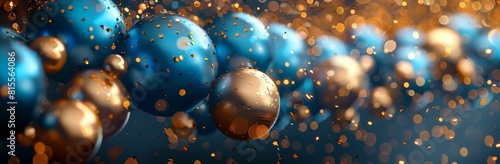 Elegant blue and gold Christmas balls on glittering background for festive decor photo