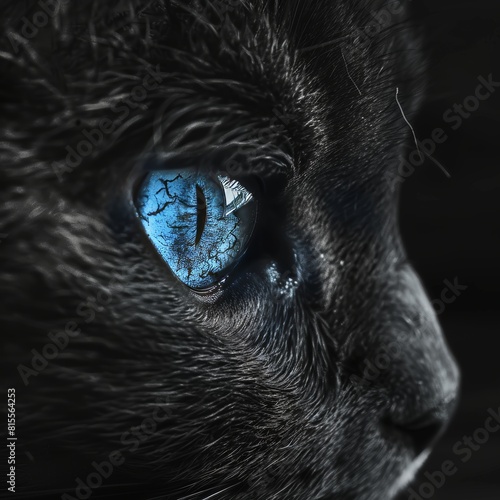 Black cat with blue eyes portrait on dark background, sony a1 85mm f8, high detail image photo