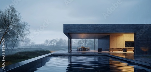 The silent aftermath of a rainfall on a modern home, where the dark grey slate exterior holds the last remnants of the storm, the soft, overcast light creating a peaceful. © AD Graphics