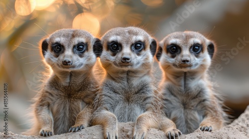 Two Meerkats or suricate (Suricata suricatta) on a rock, one sitting up and looking at the camera and the other curled up sleeping, captive; Bavaria, Germany Generative AI photo
