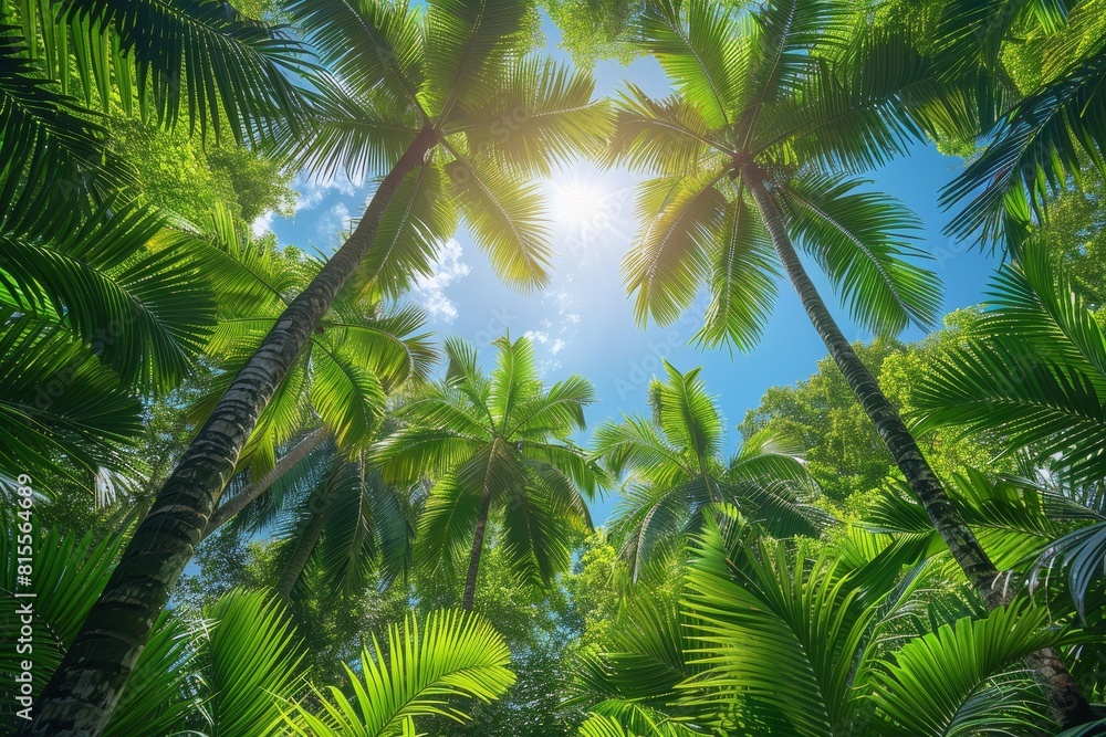 Fototapeta premium Palm Tree Forest in Tropical Paradise: Lush greenery with clear blue skies