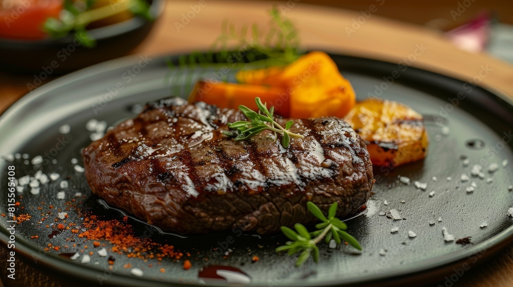Close-up shot of a beautifully plated premium goat steak, focused and clear, set against an isolated background for ad purposes Close-up shot of a beautifully plated premium goat steak, focused and clear, set against an isolated background for ad purposes