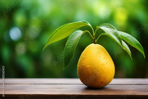 A beautiful, fresh, juicy, organic pear with water drops on the skin and green leaves on top sits on a wooden table, ready to be eaten. photo