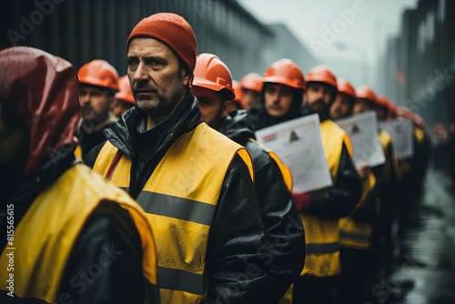 Construction workers on strike. They are wearing hard hats and yellow vests. They are holding signs and chanting slogans. photo