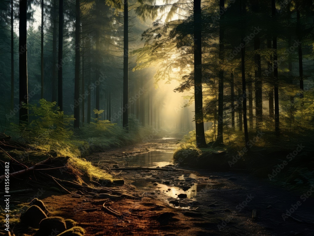 The photo shows a beautiful forest with a stream running through it. The sun is shining through the trees, creating a magical atmosphere.