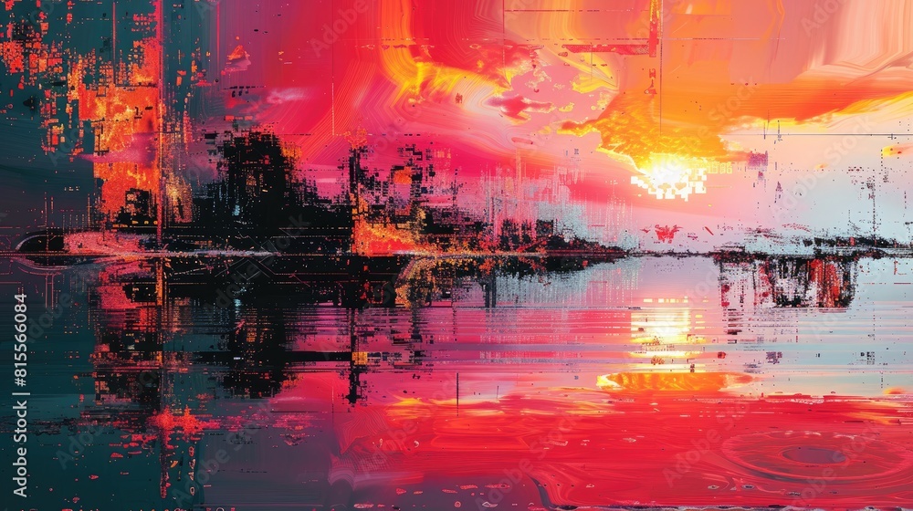 A beautiful sunset over a lake with a glitch effect.