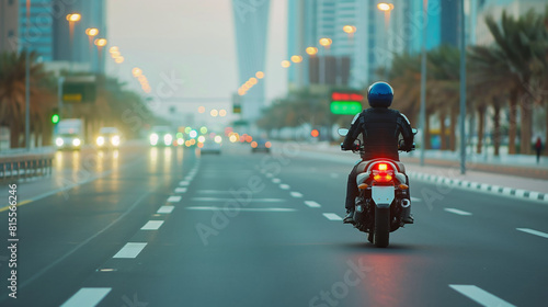 Motorcyclist riding down a city street during early morning hours.