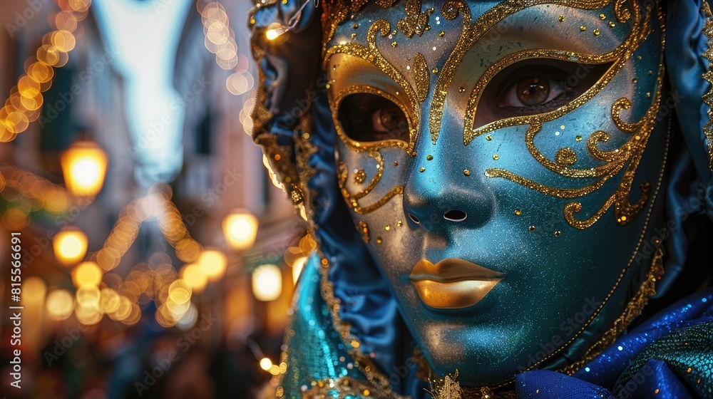 A beautiful woman wearing a Venetian mask with blue and gold decorations.
