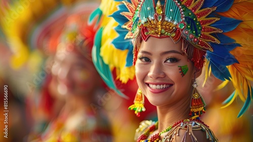 A beautiful woman wearing a colorful headdress smiles at the camera.