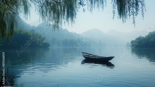A boat sits calmly in a lake on a foggy day surrounded by mountains. photo