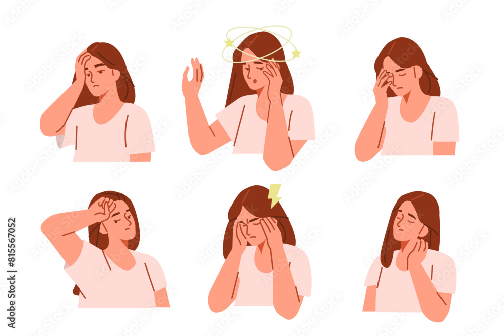 Tired woman have headache, migraine, dizziness and other chronic fatigue syndrome symptoms. Collection of various early warning signs of disease. Vector illustration. Tired woman have headache, migraine, dizziness and other chronic fatigue syndrome symptoms. Collection of various early warning signs of disease. Vector illustration.