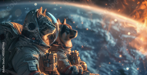 Fototapeta Naklejka Na Ścianę i Meble -  A cat and a dog in spacesuits are looking out at a planet.