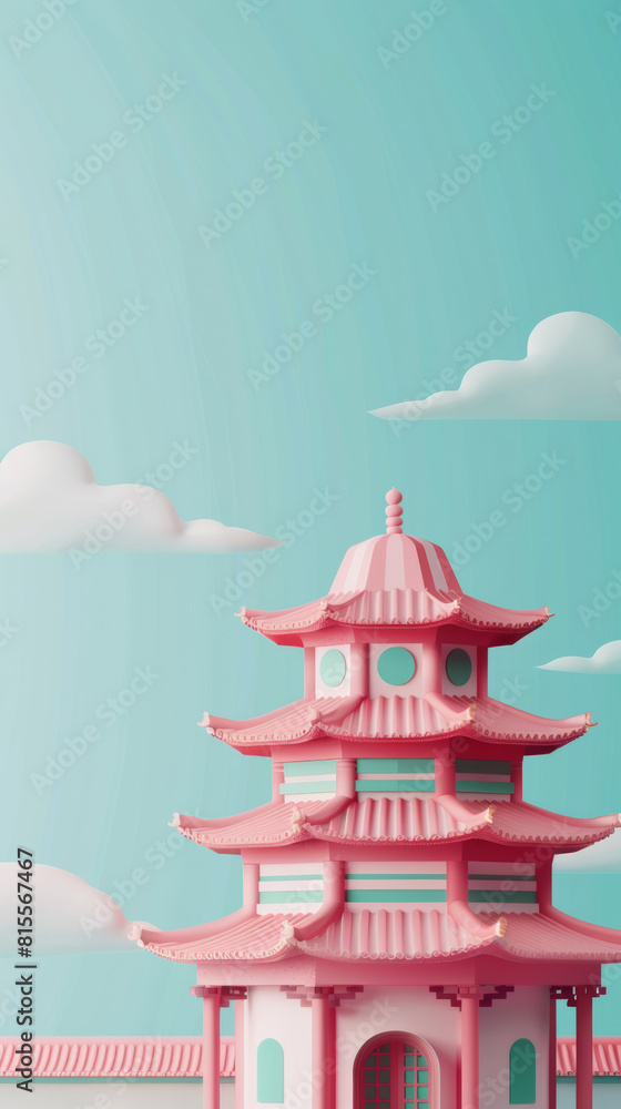 red and pink chinese ancient buildings, temple, royal palace, with clouds and teal background, 3d illustrations design