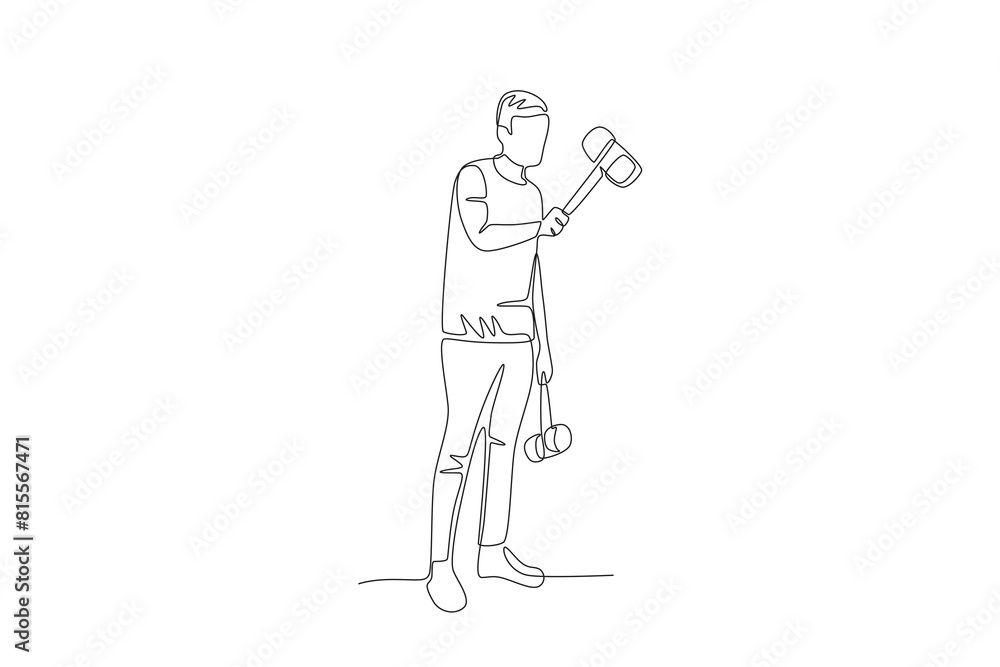 Man holding two hammers. Sao joao concept one-line drawing Man holding two hammers. Sao joao concept one-line drawing
