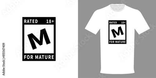 Vector illustration of a T-shirt with M 18+ Rating Warning. M For Mature Logo. Template for website banner, typographic print