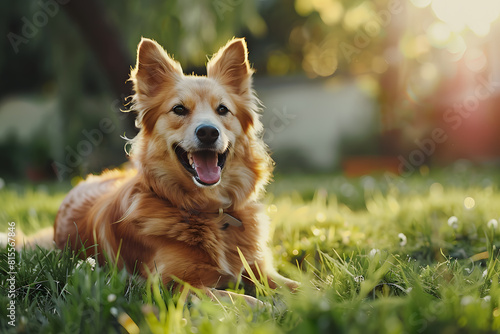 Happy dog enjoying sunset in the garden © ALEXSTUDIO