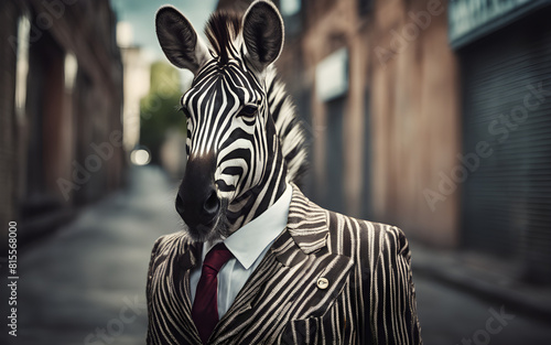 Fashionable zebra in a striped suit matching its skin  posing in an urban setting. Stylish and witty animal concept