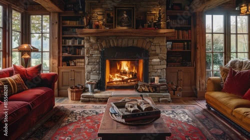 A cozy living room with a fireplace, two red sofas, and a coffee table with a tray of firewood on it. The room is decorated with bookshelves, a bearskin rug, and a red patterned rug. photo