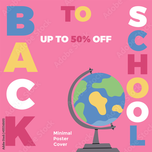 Back to school Bright modern banner. Minimalistic trendy design templates. School poster with colorful title in pink background. For postcard, discount flyers, big seasonal sales  