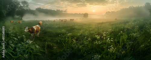 Misty sunrise over pastoral cattle farm photo