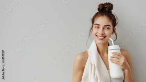 A young woman delicately cradles a bottle of milk in her hands, embodying purity and nourishment