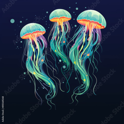 Abstract jellyfish in neon colors on a black background