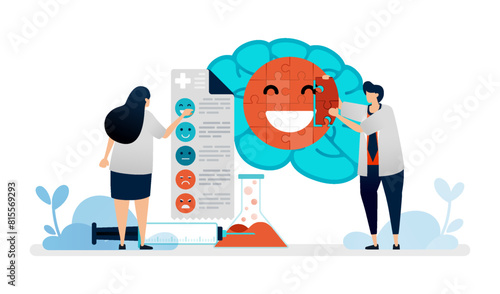 illustration of medical psychiatry improving mental happiness in patient brain with treatment