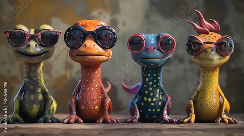 A group of four colorful lizards wearing sunglasses are posing on a wooden fence. They all have different patterns and colors, and they are all looking at the camera. photo