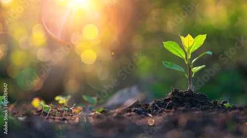 Little tree growing in the soil with sunlight and bokeh background. Nature concept.
