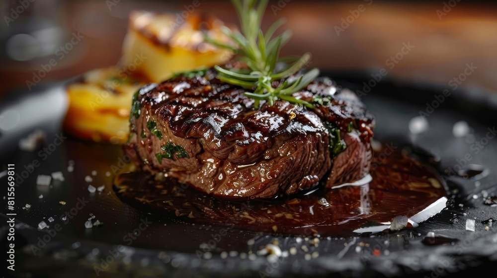 Detailed shot of a beautifully presented deer steak, highlighting the succulent meat and fine garnishes, perfect for advertising, isolated setting Detailed shot of a beautifully presented deer steak, highlighting the succulent meat and fine garnishes, perfect for advertising, isolated setting