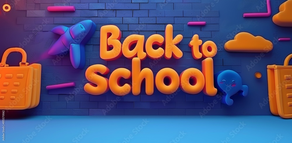 Fototapeta premium Vibrant 3D 'Back to School' Typography with Whimsical Cartoon Characters and School Supplies on a Textured Blue Background