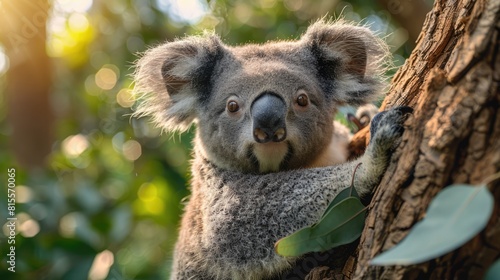 Wounded federally threatened koala (Phascolarctos cinereus) sits in a tree in an enclosure at a wildlife hospital; Beerwah, Queensland, Australia Generative AI photo
