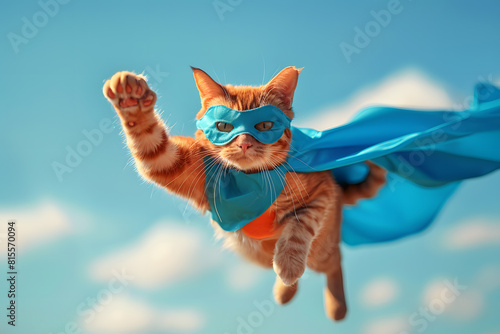 Superhero cat flying in the sky with cape and mask photo