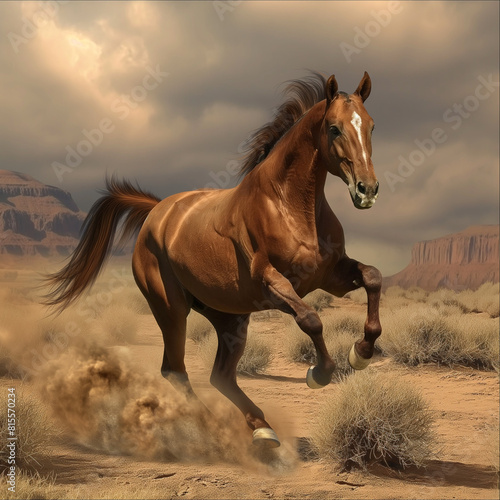 A brown horse is running in the desert.  