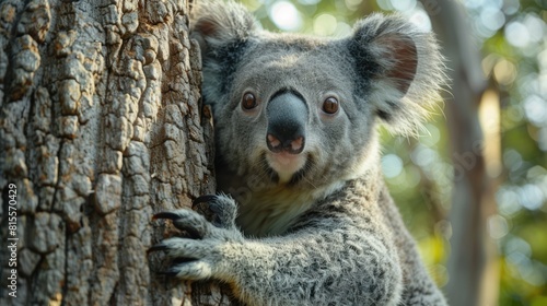 Wounded federally threatened koala (Phascolarctos cinereus) sits in a tree in an enclosure at a wildlife hospital; Beerwah, Queensland, Australia Generative AI photo