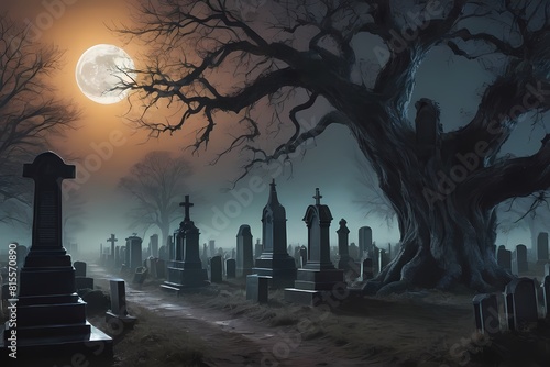 Spooky halloween night graveyard illustration