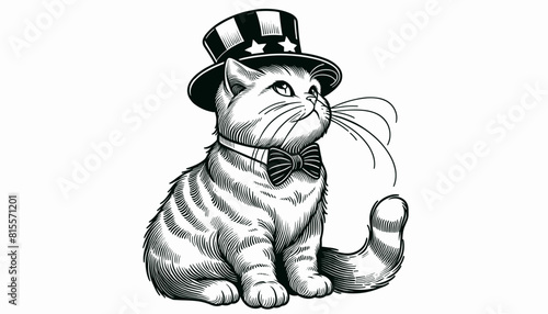 American Shorthair Cat 4th July Line Art Celebration USA (United State) Art Cute Cartoon For Independence Day Animal Patriotic with American Flag Memorial Day Clip Art