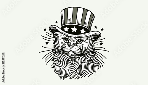 American Shorthair Cat 4th July Line Art Memorial Day Clip Art Animal Patriotic with American Flag Celebration USA (United State) Art Cute Cartoon For Independence Day