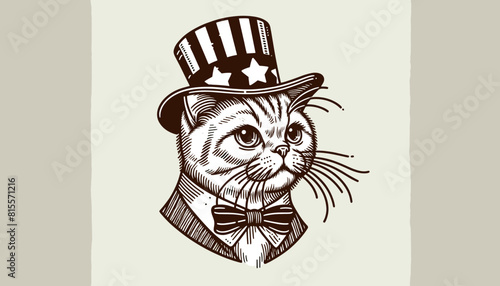 American Shorthair Cat 4th July Line Art Memorial Day Clip Art Animal Patriotic with American Flag Celebration USA (United State) Art Cute Cartoon For Independence Day