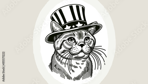 American Shorthair Cat 4th July Line Art Memorial Day Clip Art Celebration USA (United State) Art Cute Cartoon For Independence Day Animal Patriotic with American Flag