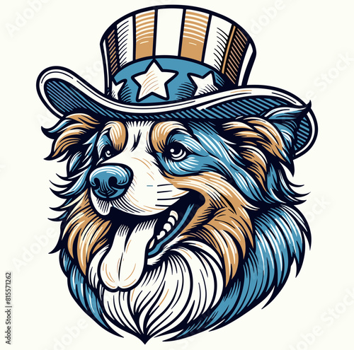 patriotic dog wearing hat, smiling, blue and gold clip art preview