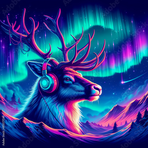 Digital art vibrant colorful reindeer wearing headphones listening to music